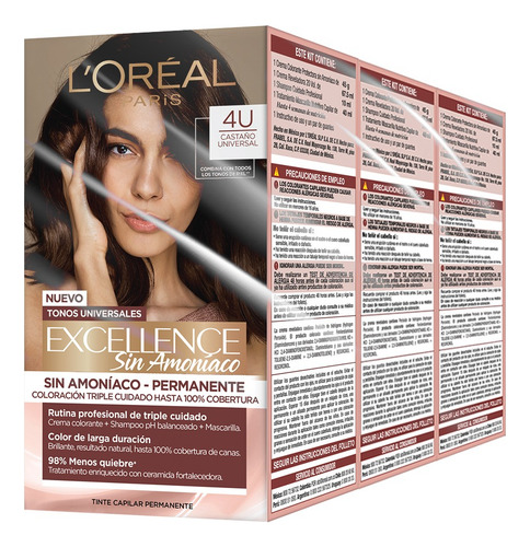 3 Tintes Para Cabello Excellence Sin Amoniaco L'oréal Paris Tono Castaño Universal