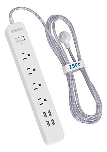 15ft Protector De Surge De Power Strip Con Puertos Usb, Nton