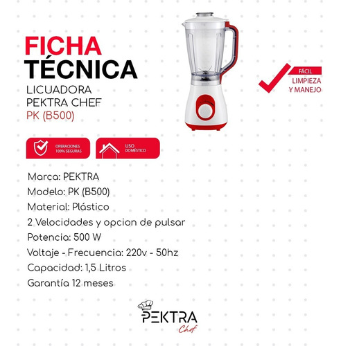Imagen 7 de 10 de Licuadora Pektra 1.5 L C/ Jarra Plastico 220v - 240v Turbo