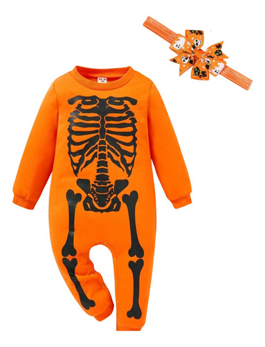 Disfraz Enterito Esqueleto + Cintillo De Halloween Niña 9 A 12 Meses