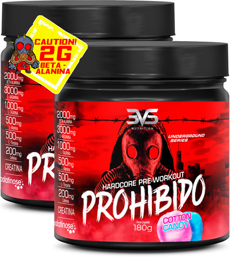 2 Unidades Do Pré Treino Prohibido 180g - Sabor: Cotton Candy - Fórmula Exclusiva Com Creatina, Beta Alanina, Taurina, Cafeína, Arginina, L-tirosina, Palatinose E  L-alanina