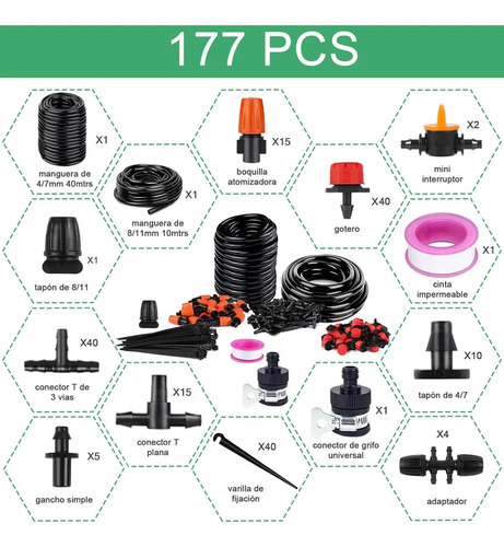 Kit Riego Goteo 40+10 Metros Ahorro Agua 177 Piezas