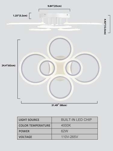 Lampara De Techo Led Moderna Con 6 Anillos Blancos Led