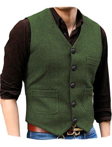 Chaleco De Tweed Con Cuello En V De Lana Vintage Para Hombre