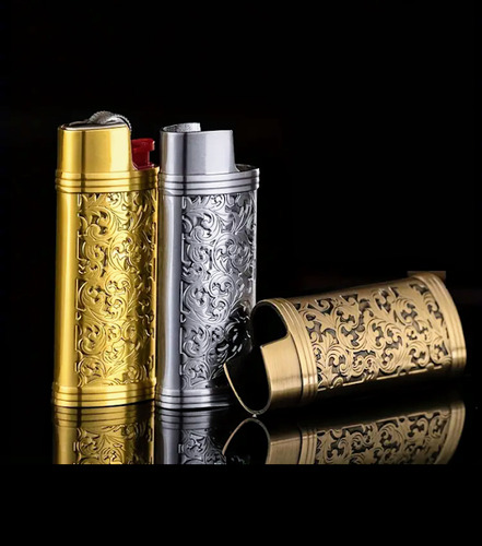 Funda Porta Encendedor Tipo Bic Mini Metal Acero Inox Dorado