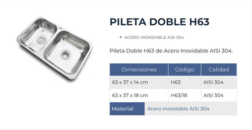 Pileta Bacha Cocina Doble Acero Inox 63 X 37 X 14 Dh63