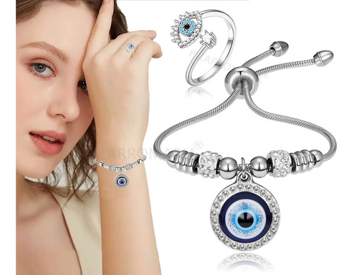 Pulsera De Ojo Turco Y Anillo Ojo Turco Ajustable Para Mujer