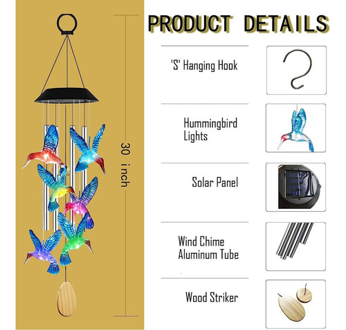 Campanilla De Viento Solar Led Colibr Para Decoración De Jar