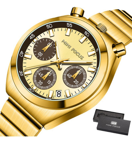 Relógio de quartzo de moda Mini Focus com calendário luminoso, cor de fundo dourado