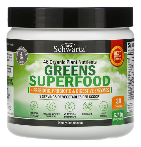 Bioschwartz Greens Superfood, 6.7 Oz (190 G) 30 Servs Sabor Sin Sabor