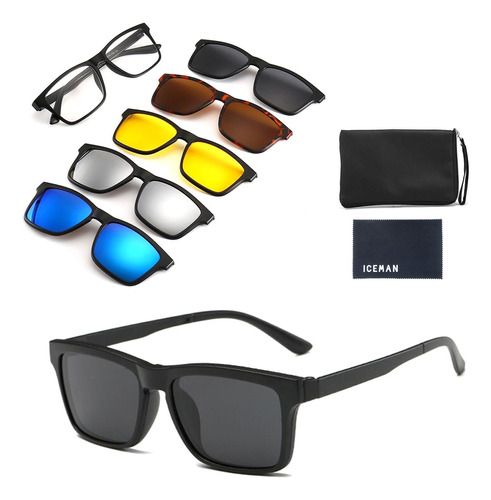 Óculos De Sol Clip On Varios Modelos Tr90 C/ Bolsa 5 Lentes