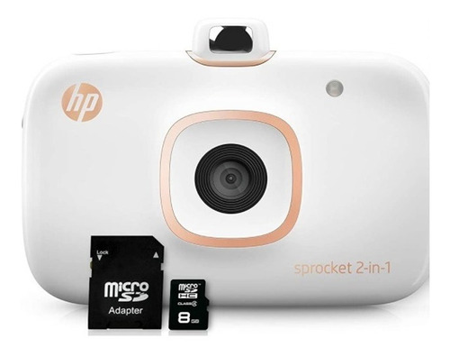 Cámara e impresora HP Sprocket 2 en 1 blancas y tarjeta SD de 8 GB