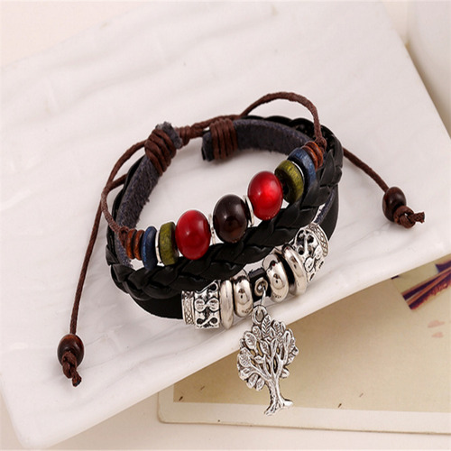 Pulsera De Cuero Genuino Con Cuentas