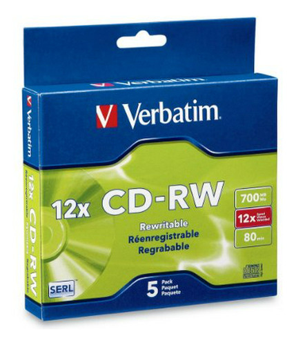 Verbatim Cd-rw 700 Mb 2x-12x Regrabable Media Disc - 5 Caja 