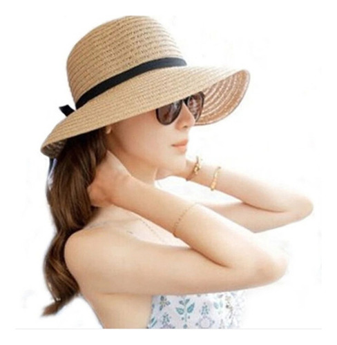 Sombrero De Paja De Playa De Verano Para Mujer, Sombrilla