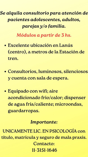 Alquiler De Consultorio Psicológico Por Módulos En Lanús.
