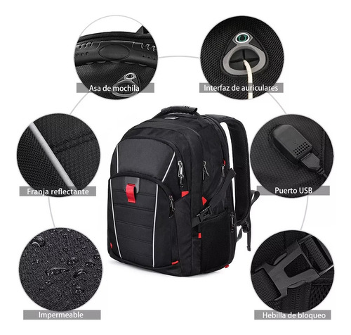 45l Mochila Impermeable Para Laptop De 17.3 Usb Para Hombre Color Negro Diseño De La Tela Liso