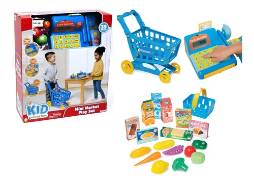 Caja Registradora De Juguete Azul Con Calculadora Y Escáner – Set De Supermercado Con Comida, Dinero Y Tarjetas, Regalo Para Niños +3 Años