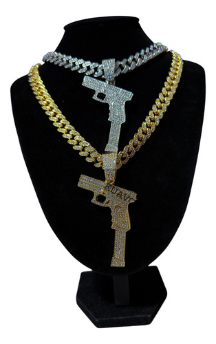 Collar Cubana Ice + Pistola Glock Ice Strass Simil Oro Trap Dorado