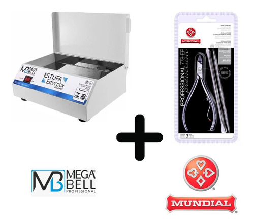 Estufa P/ Alicates Manicure Mega Bell + Kit Mundial 3 Peças