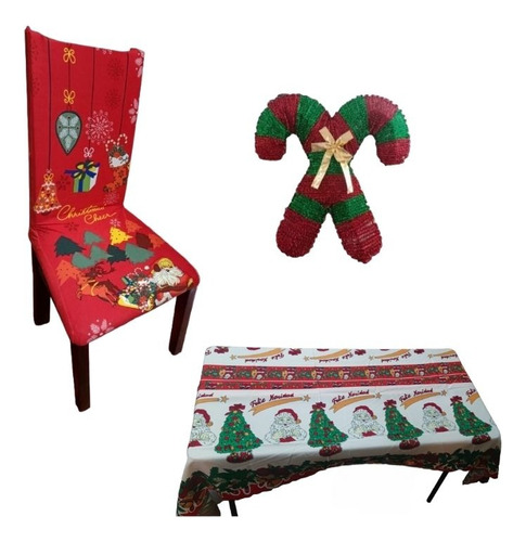 Set 6 Fundas De Sillas  Con Mantel Navideño Y 4 Bastones