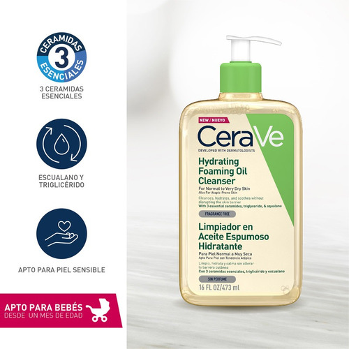 Imagen 4 de 5 de Limpiador Cerave Aceite Espumoso Hidratante Sin Perfume 473m