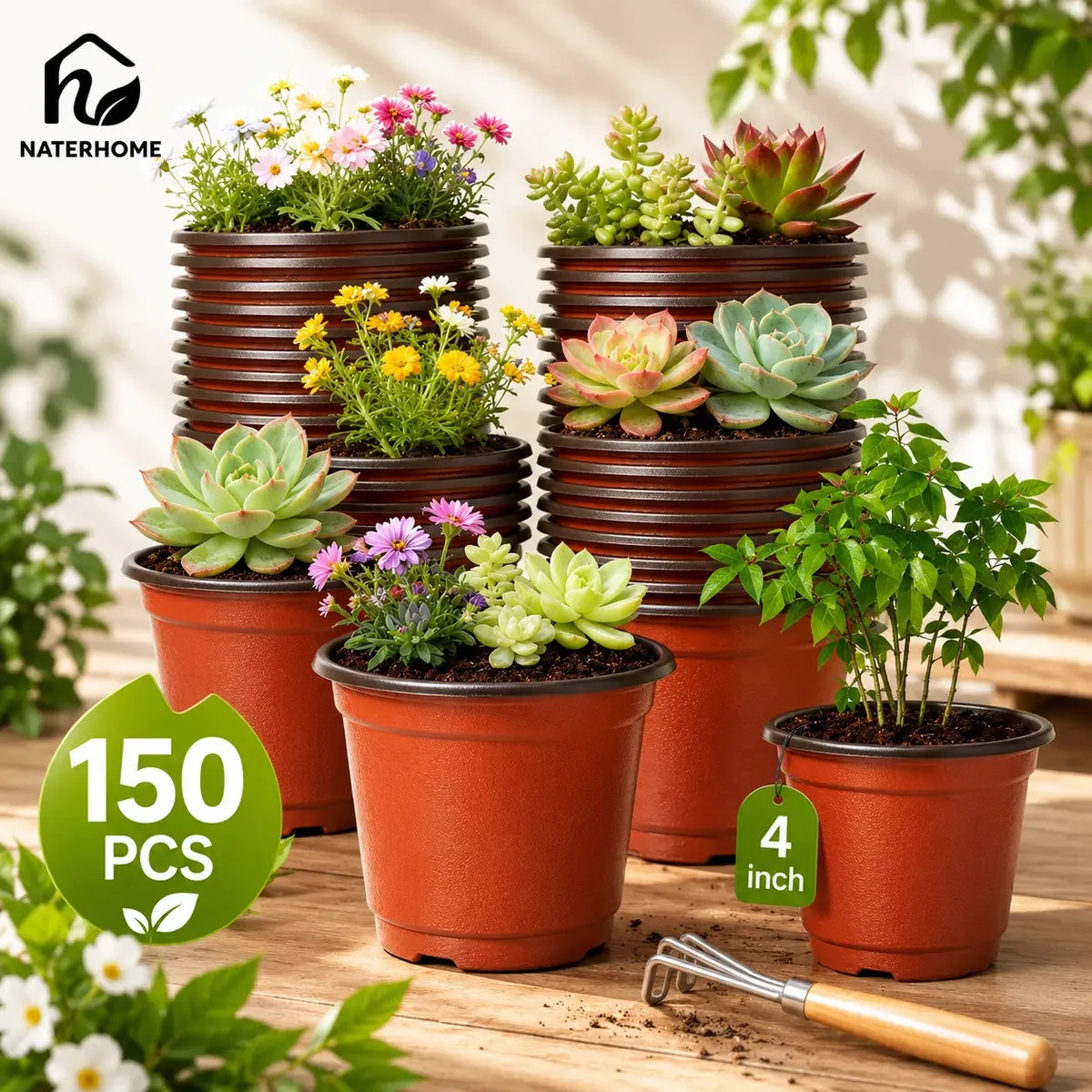 150pcs Maceta Blanda De 4 Pulgadas Maceta Fácil De Plántulas Marrón Liso,con Drenaje para Jardín y Huerto,Macetas de Plástico Redondas para Plántulas