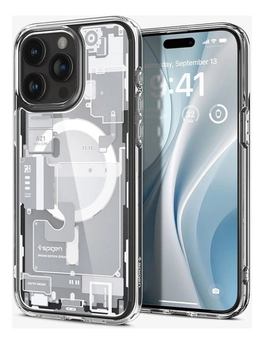 Capa, forro, capa, descoberta, compatível, proteção Magsafe de nível militar, Spigen Ultra Hybrid Zero One, Apple iPhone 15 Pro — branca