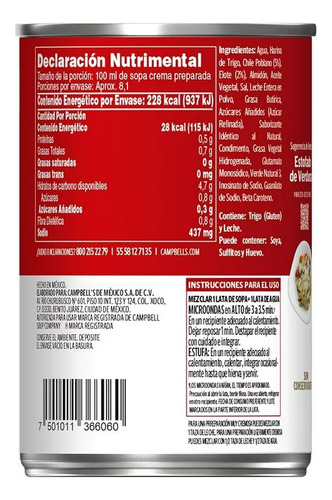 Crema Campbell`s Chile Poblano 430 Grs 6 Pzas