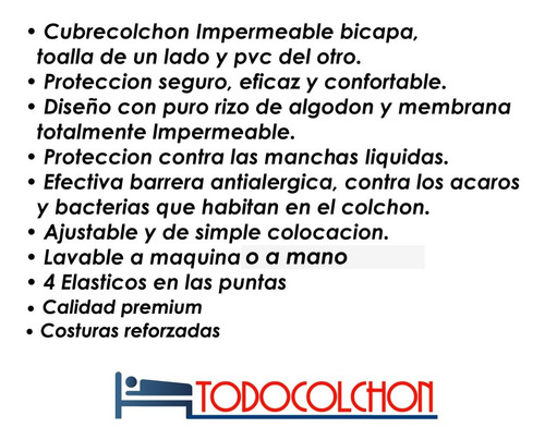 Imagen 2 de 7 de Cubre Colchon Impermeable Toalla Y Pvc 80 X 190 Todocolchon 80x190 Protector 100 % Algodon Con Pvc