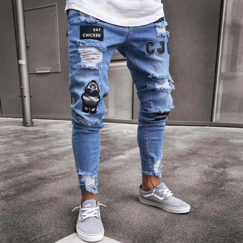 Jeans Bordados Hombre Pantys Elásticos Rotos