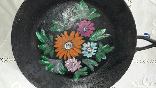 Antiguo Sarten Hierro Fundido Pintado Con Flores Decoracion