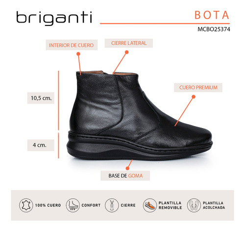 Bota Cuero Mujer Botineta Confort Comoda Botita Briganti