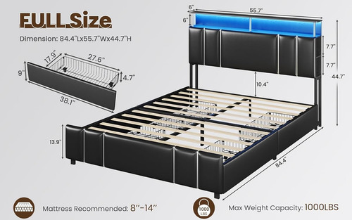 Base De Cama Matrimonial Viagdo C/ Cajones & Luz Led Negro