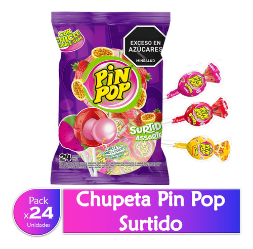 Chupete Pin Pop Relleno Con Goma De Mascar Bolsa X24 Uds