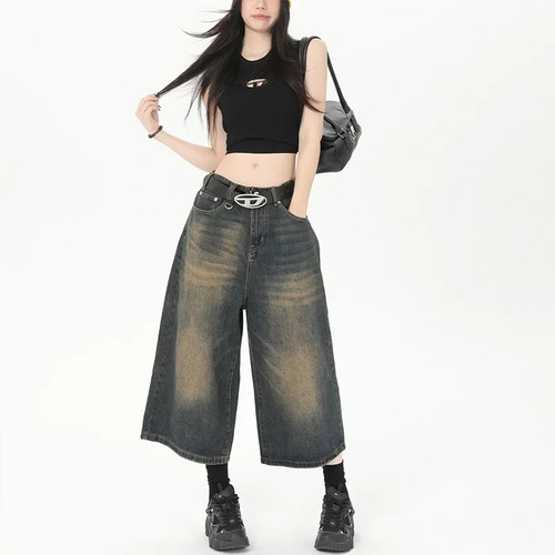 Vaqueros Anchos, Pantalones Cortos, Cintura Media, Mezclilla