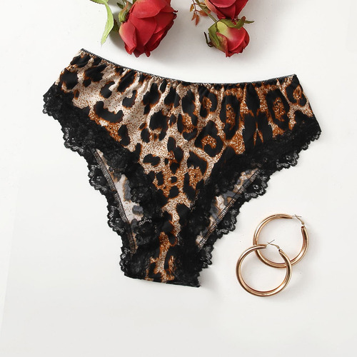 Lencería De Encaje De Leopardo Para Mujer, Calzoncillos Con