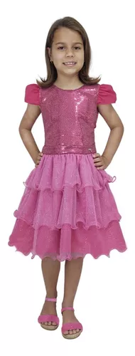 Vestido infantil Barbie Pink Babados Glitter Brilho luxo