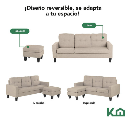 Sofá Sala Esquinera Izquierda Sillón Reversible Madera