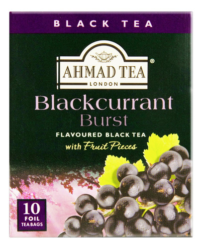 Chá Ahmad Tea London preto blackcurrant burst em sachê 20 g 10 u