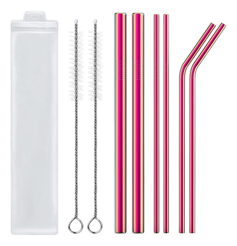 8 Pcs Rainbow Reusable Metal Straws With Cleaning Brush, 8.5