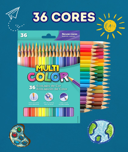 Kit Lápis Multicolor 36 Cores + 12 Tons Pele + 10 Pastel 36 Coloridos. 12 Tons De Pele E 10 Tons Pastéis