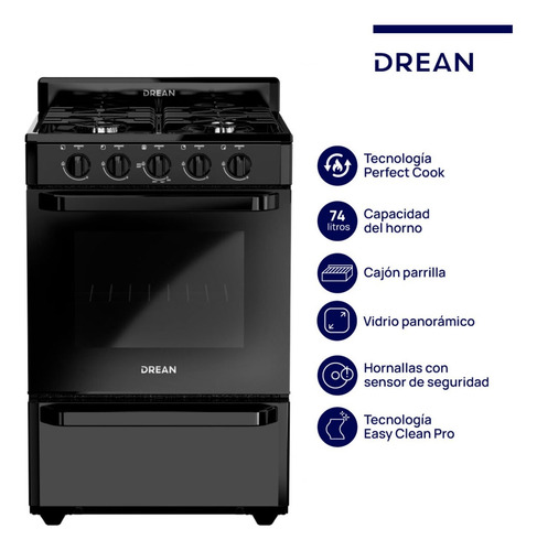 Cocina Drean Cd5602an0 Multigas 56cm Negra 4 Hornallas Negro