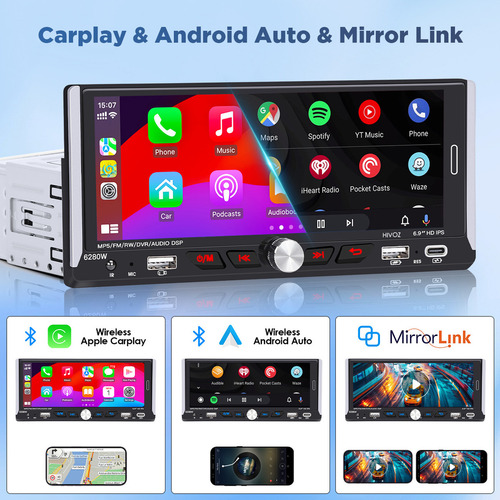 Autoestéreos 1din Ips Hd Wireless Carplay Mirror Link Bt Fm