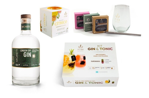 Imagen 1 de 8 de Kit Gin Tonic + Moretti London Dry + Citricos + Cristaleria