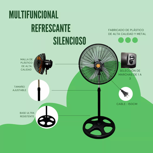 Ventilador De Pedestal | 18 Pulgadas | 70 W | 3 Velocida 50 Cm 60hz Negro Plateado Plástico 5