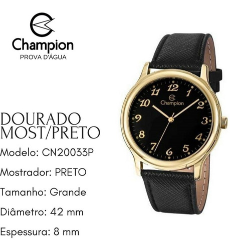 Relógio Masculino Dourado Champion Pulseira De Couro Preta