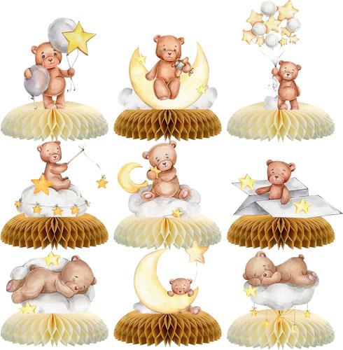 9 Piezas De Oso Para Baby Shower, Centro De Mesa De Panal De