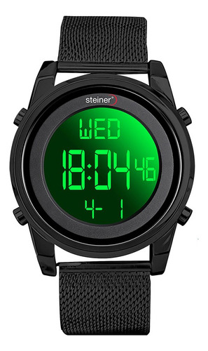 Reloj Digital De Dama Diseño Tejido Acero Inox Steiner 28 Mm Correa Negro Bisel Negro Fondo Negro