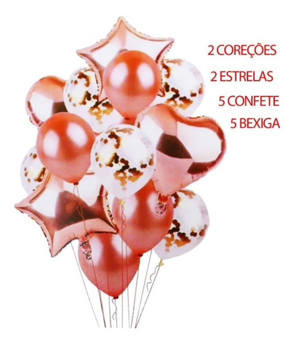  10 Balão Metalizado Estrela Coração  Látex Confete Buque